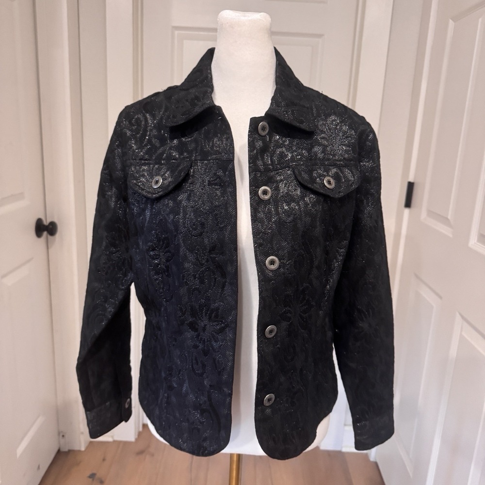 Ruby Rd Black Silver Metallic Floral Jacket Top Sz 8P Artsy Dressy Lightweight